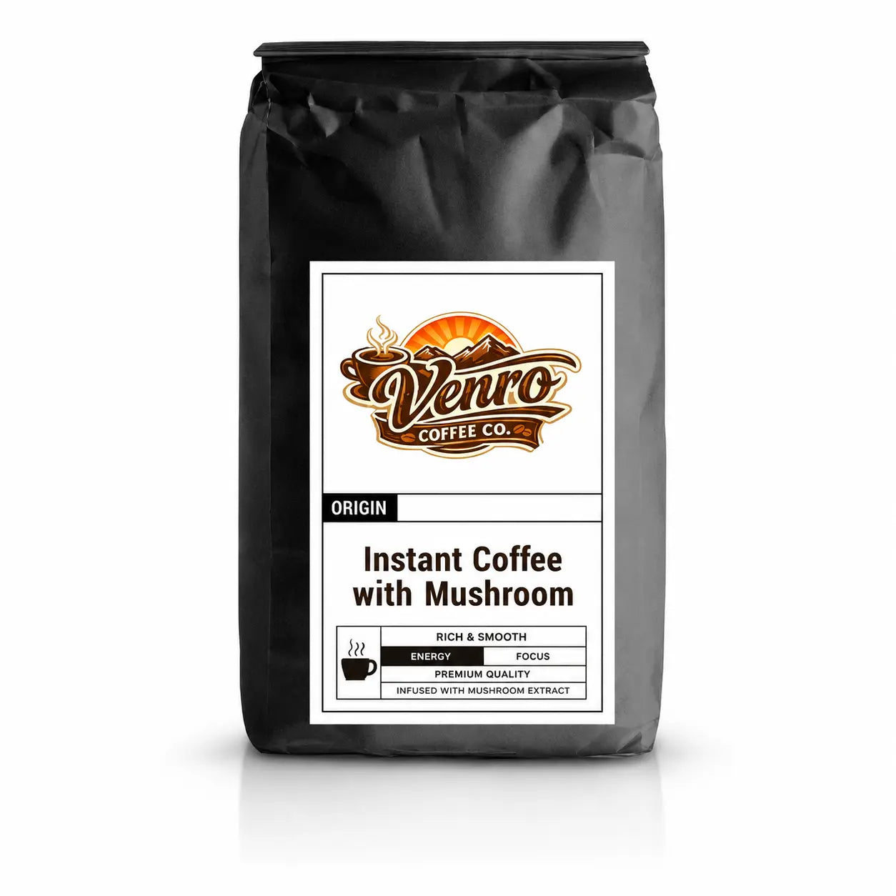 Bag of Venro Coffee Co. instant coffee with mushroom on a white background